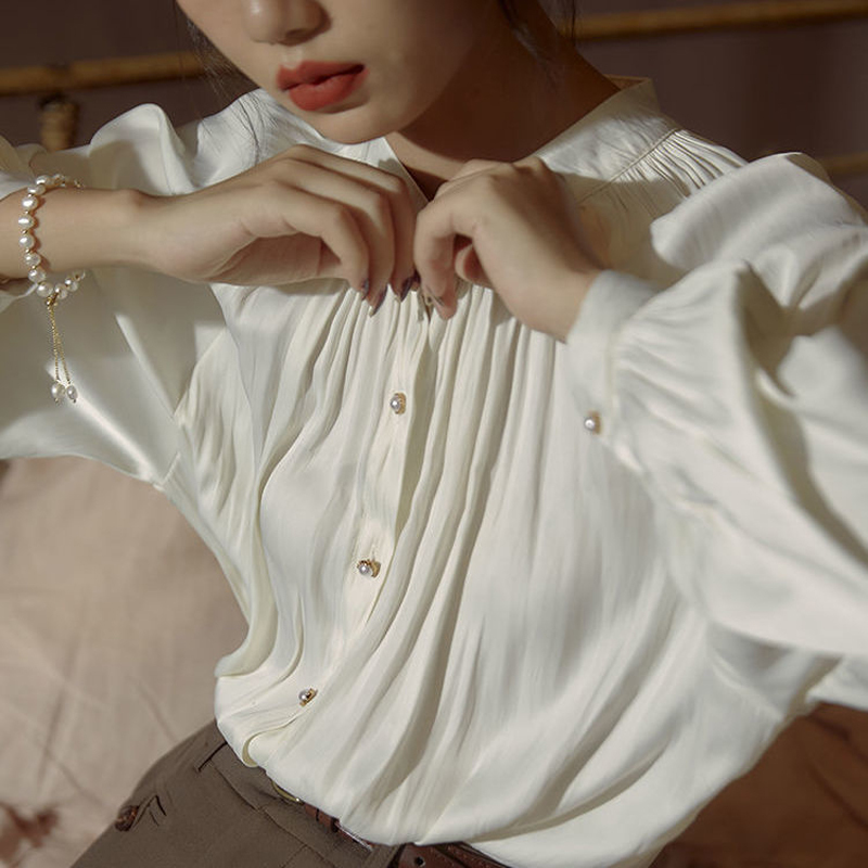 Wonder Solid Elegant Loose Blouse Female O-neck Vintage Long Sleeve Botton Lady Fashion Lantern Shirts 210510