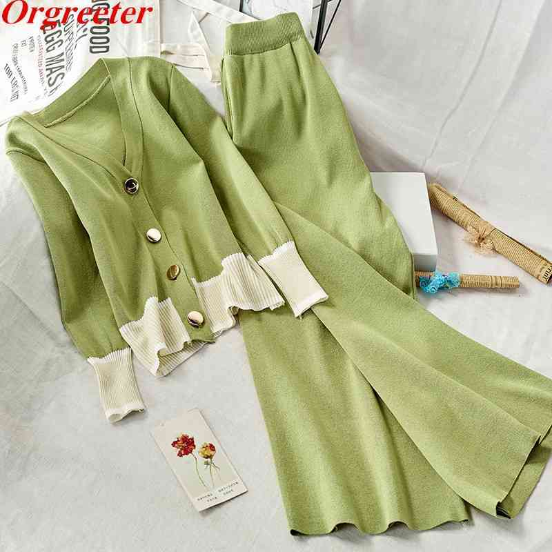Autumn Female Simple Color matching Longt Sleeve Knitted Cardigan + Knit Wide Leg Pants Womens Casual 2 Piece Trousers Set 210525, Picture color
Autumn Female Simple Color matching Longt Sleeve Knitted Cardigan + Knit Wide Leg Pants Womens Casual 2 Piece Trousers Set 210525, Picture color