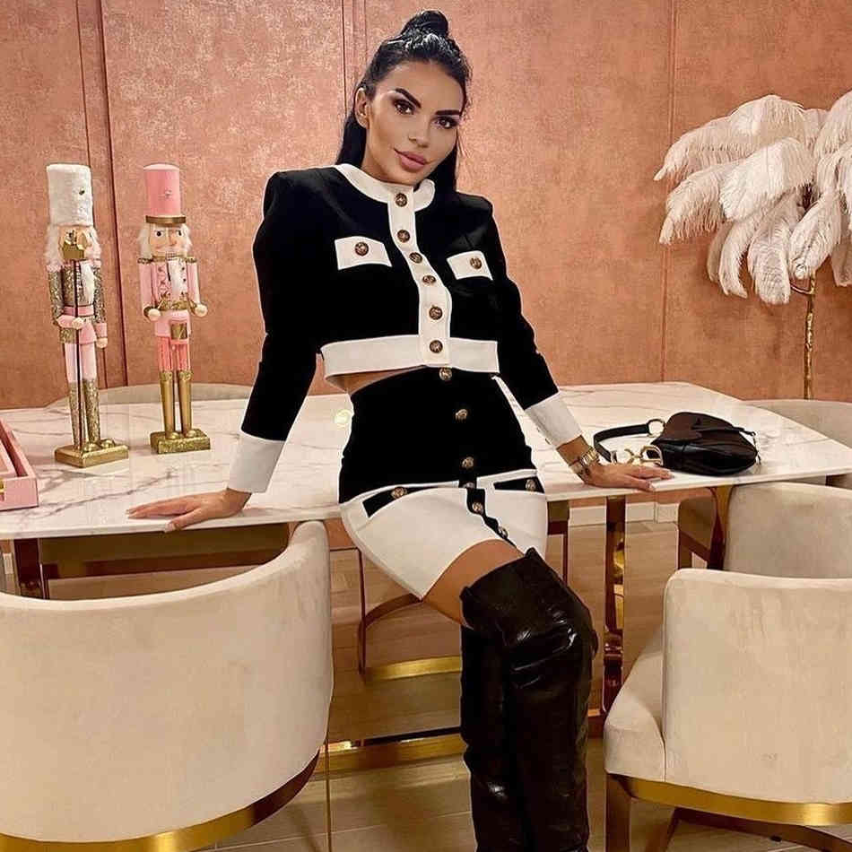 Winter Women Patchwork Bandage 2 Two Piece Sets Sexy Long Sleeve Top& Mini Skirt Buttons Celebrity Club Party Set 210423