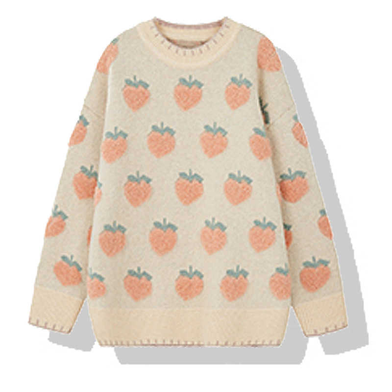 Winter Knitted Sweater Women Strawberry Embroidery Oversized Pullovers Harajuku Casual O-Neck Loose Knitwear Jumper Sueter Mujer 210914