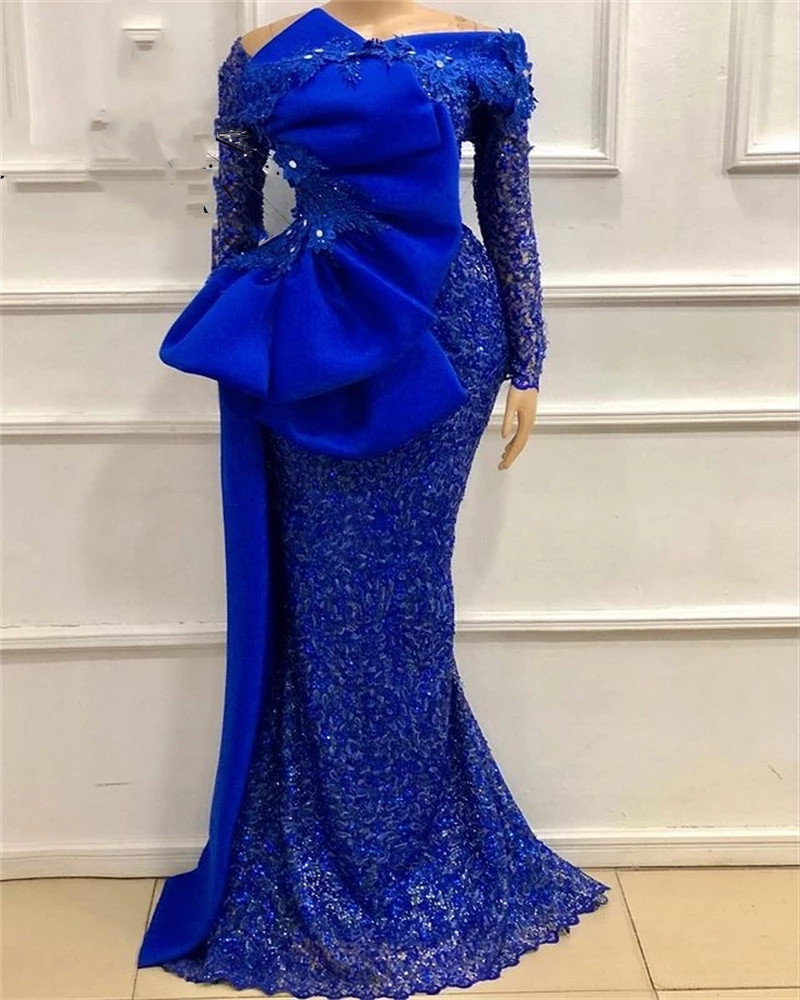 Aso Ebi Lace African Royal Blue Evening Dresses sparkly Beaded Bow Mermaid Nigeria Arabic long sleeve prom dress robes