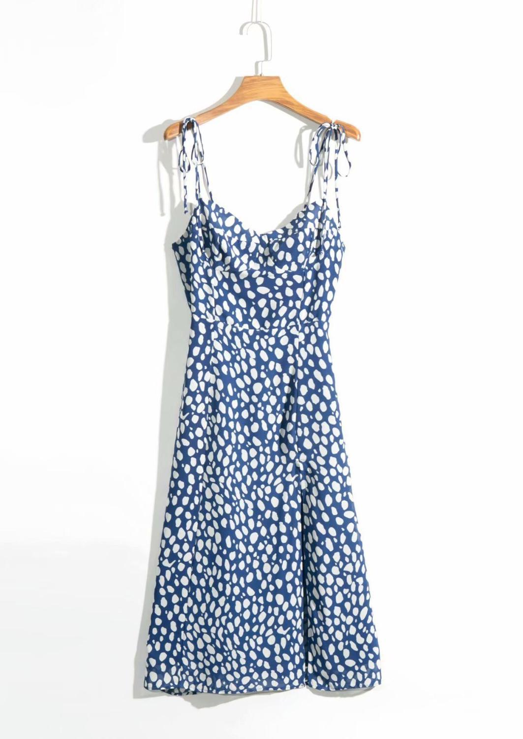 French Style Blue White Dot Print Adjust Spaghetti Strap Dress Retro Sexy Women Sling Slit Dresses Vestido 210429