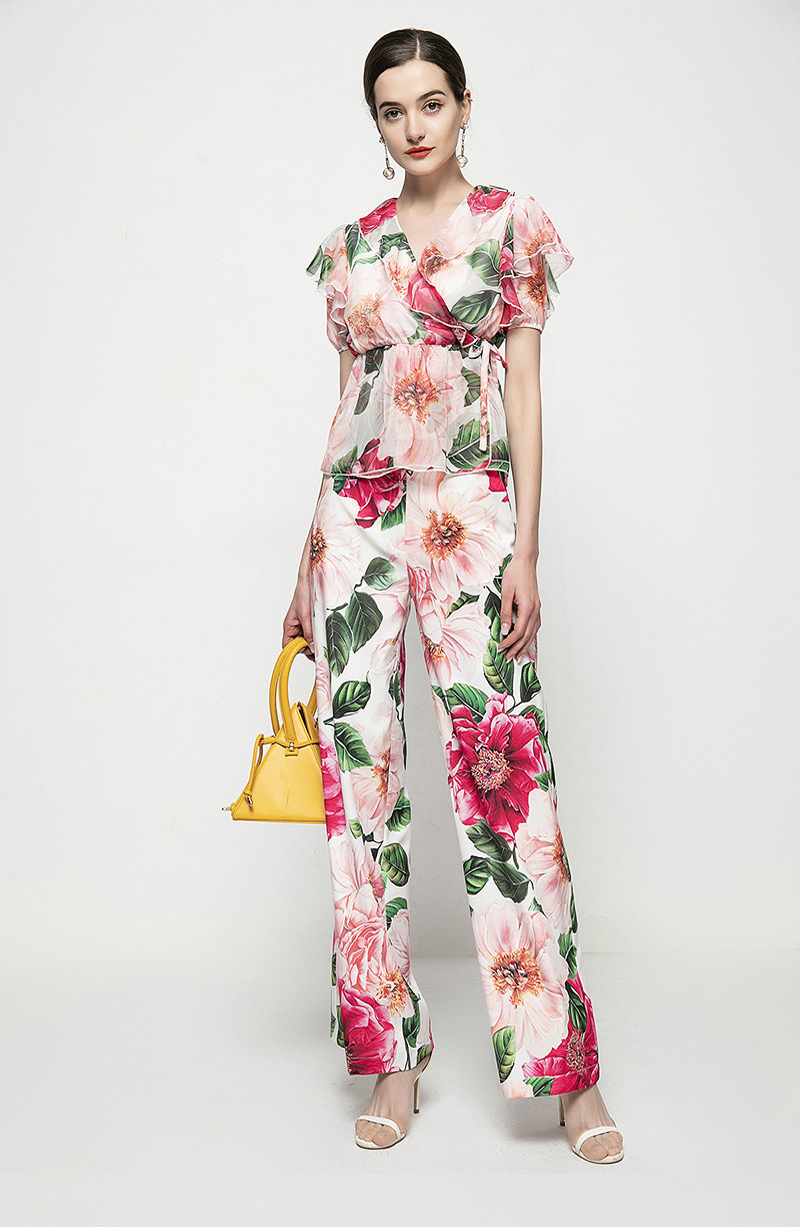 Women's Two Piece Pants Sets Turn Down Collar Short Sleeves Ruffles Blouse Tops with Floral Long Pant Fashion Runway Twinsets