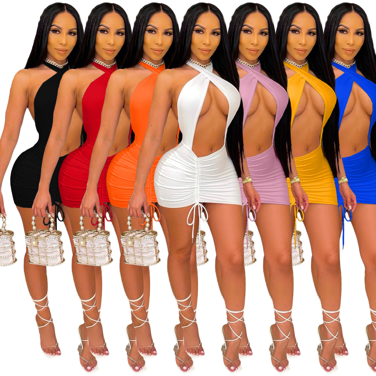 Sexy Women Party Dress Elegant Backless Bodycon Slim Solid Mini Dress Evening Club Outfits Drawstring Ruched Dresses
