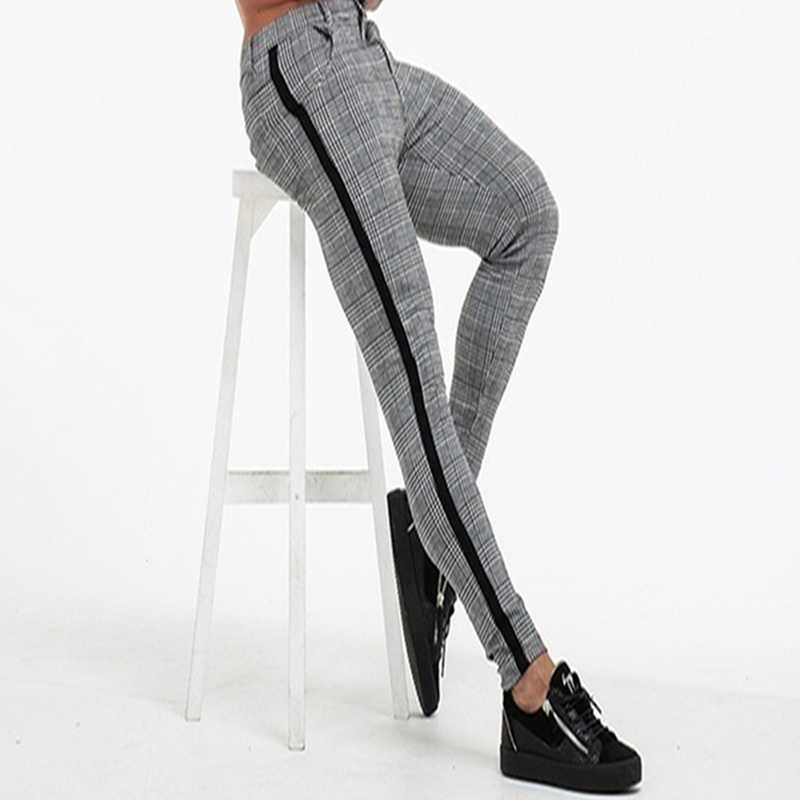 Casual Mens Chinos Cotton Slim Fit Men Pants Trousers Skinny Chinos Pants Grey Ankle Length Streetwear Plaid Side Stripe Pants Y0811