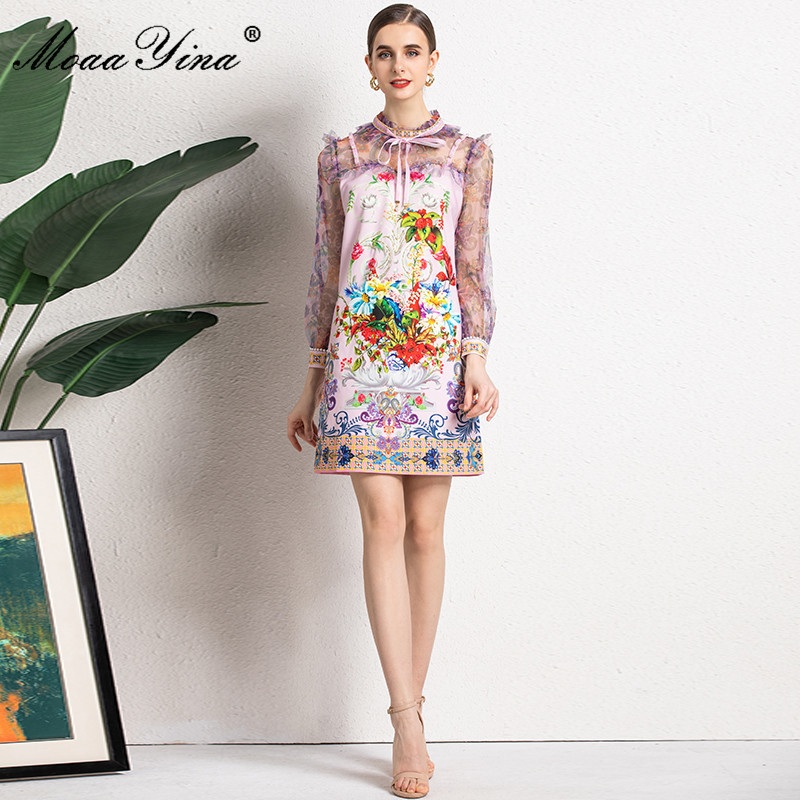 Moaa Yina Summer Fashion Runway Short Dress Women Mesh Patchwork Long sleeve Floral print Vintage Party Mini 210524