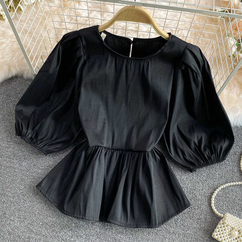 Sweet Slim Waist Ruffle Blouse Women Korean Puff Sleeve O-neck Shirt Summer Solid Blusas Mujer De Moda 6G994 210603