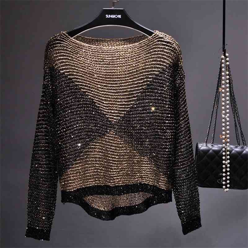 

Qooth Women Sequined Knit Tops Long Batwing Sleeve Big O-neck Blouse Sequined Bling Loose Pullover Knitted shirt Femme qh2160 210518, Black