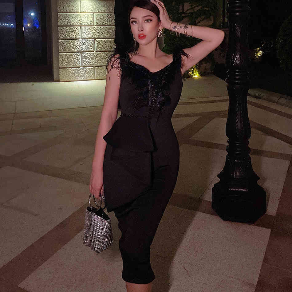 Free Women Fashion Feather Dress Sexy V-neck Sleeveless Pearl Sequin Bodycon Midi Club Party es 210524