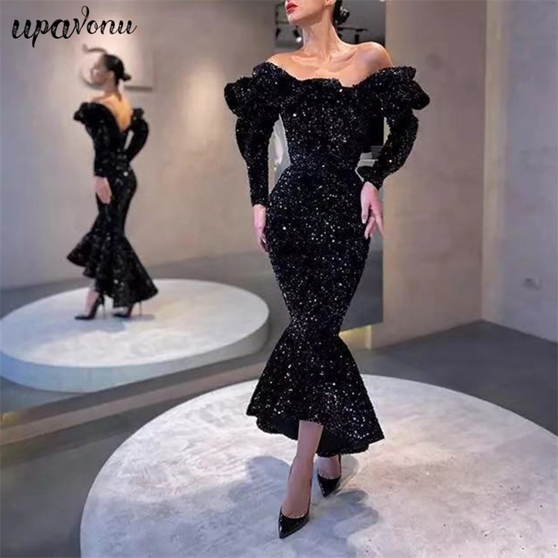 Free High Quality Women Party Sequin Dress Sexy Card Shoulder Long Sleeve Bodycon Club Fishtail Vestidos 210524