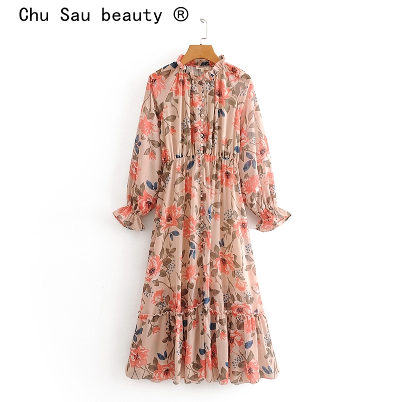 beauty Fashion Boho Style Floral Print Long Dress Women Holiday Chic Single Breasted Maxi Dresses Female Party Wear 210514