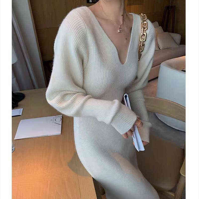 French Style Long Sweater Dress Knitting Solid Dres's Autumn And Winter Wear Minimalism Dress 211221