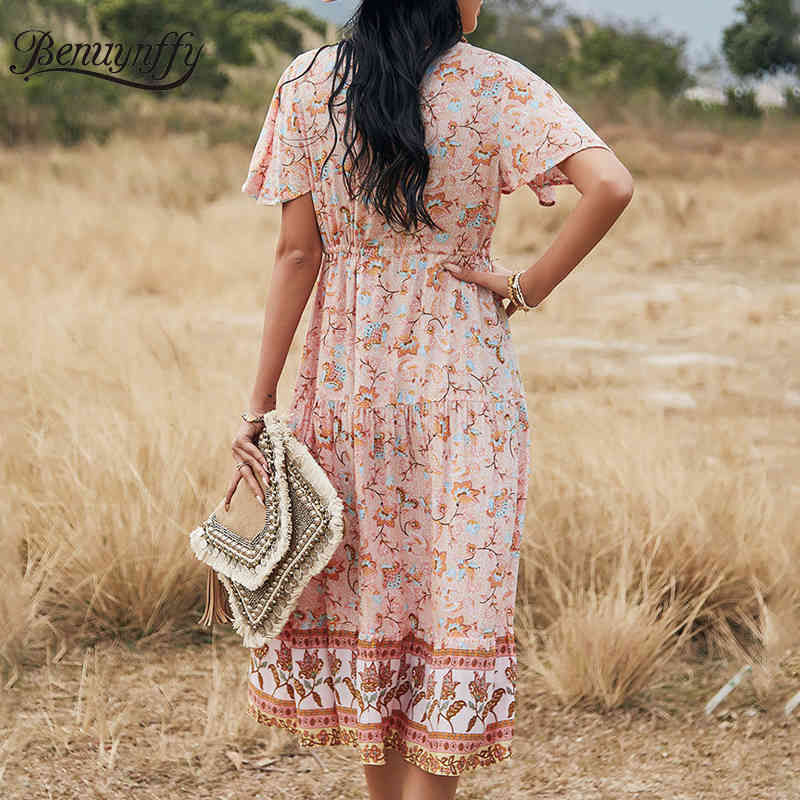 V-neck Button Detail Tie Waist Dresses Women Summer Holiday Boho Short Sleeve Floral Print Split Long Dress 210510