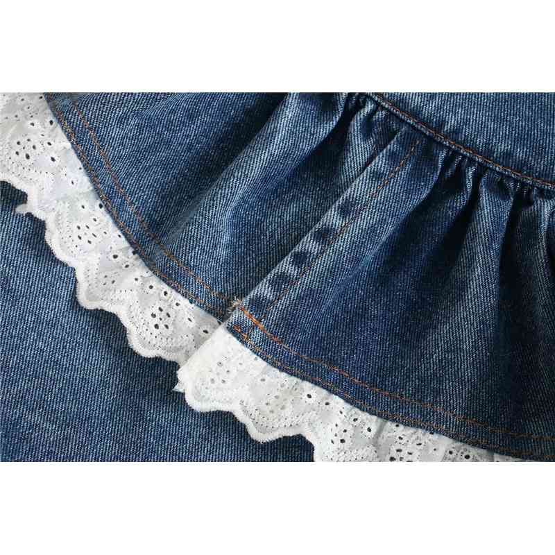 Elegant Women Blue Denim Shirts Fashion Ladies Lace Ruffles Tops Sweet Female Chic Turn Down Collar Blouses 210527