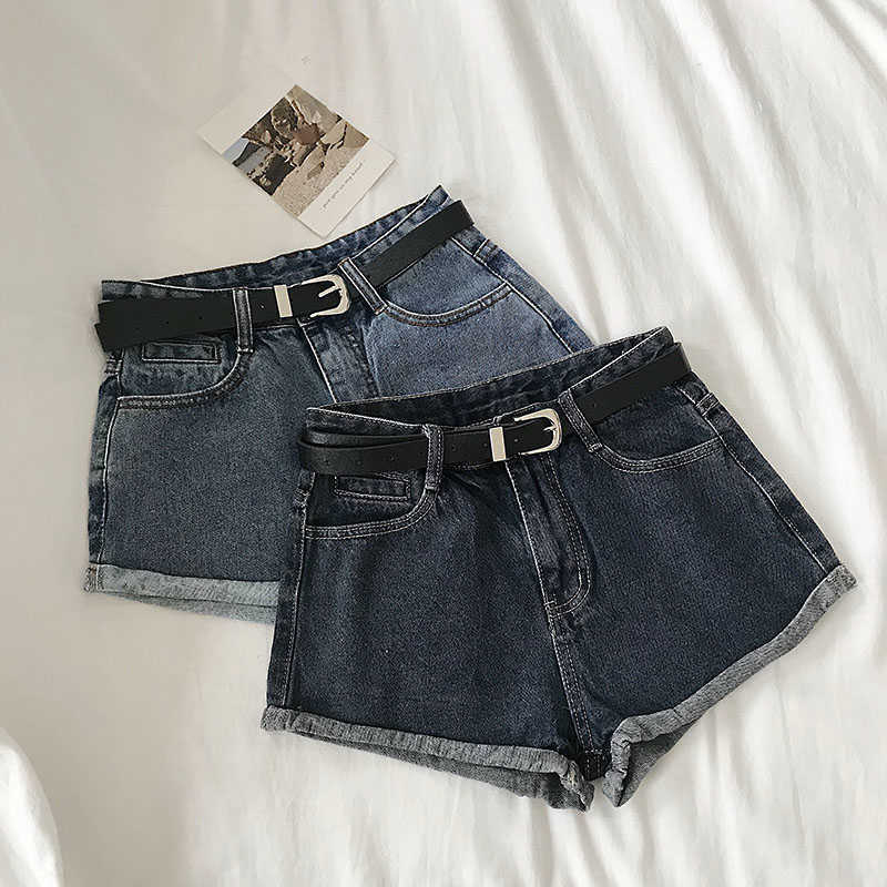 Hemming denim mini shorts women summer simple versatile high waist wide leg jeans shorts with belt jeans femme 210611