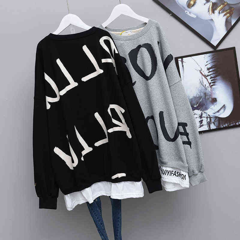 QWEEK Letter Print Crewneck Sweatshirt Women Spring Coat Oversized Hoodies Fashion Korean Style Kpop Long Sleeve Tops Women 211109