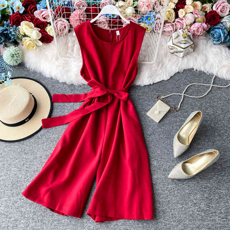 Summer Women Rompers Bandage Solid Elegant Korean Fashion Jumpsuits Bow Wide Leg High Waist Bodysuit 17242 210415