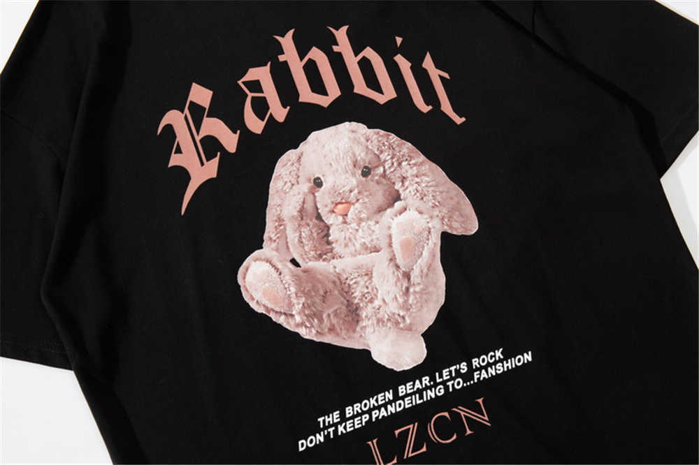 Men Streetwear Oversize Tshirt Hip Hop Harajuku Rabbit Doll Printed Vintage T-Shirt Summer Short Sleeve Tops Tees T Shirt 210601