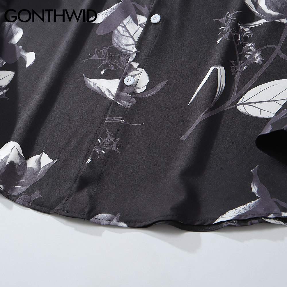 GONTHWID Hawaiian Beach Shirts Graffiti Flowers Print Long Sleeve Button Shirts Hip Hop Casual Harajuku Holiday Party Blouse 210410