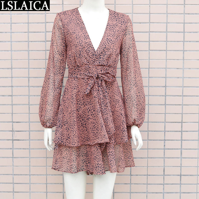 Long Sleeve Bodycon Dress Women Leopard Print A Line Deep V Neck Sexy Vintage Fashion Elegant Autumn Summer Womens Clothes 210515