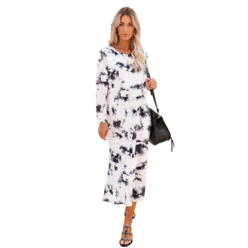 Women's Tie-dyed Printing Dress Gradient Color Round Neck Long Sleeve Vestidos Autumn Chic Casual Elegant Split Dresses 210524