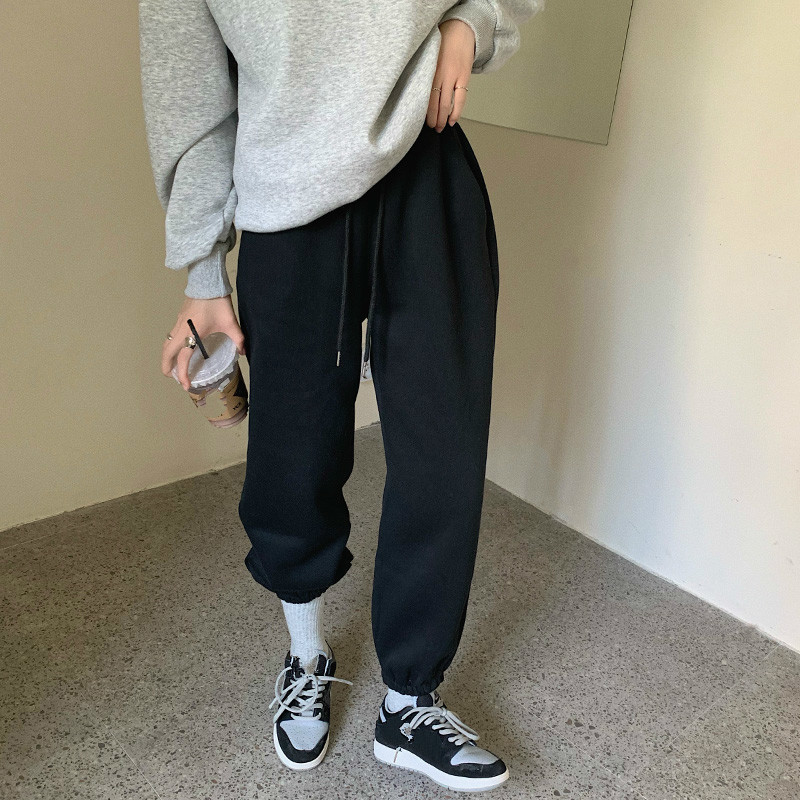 Nomikuma Autumn Winter Fleece Sweatpants Lace Up Korean Stretch High Waist Women Trousers Causal Solid Harem Pants 6D192 210427