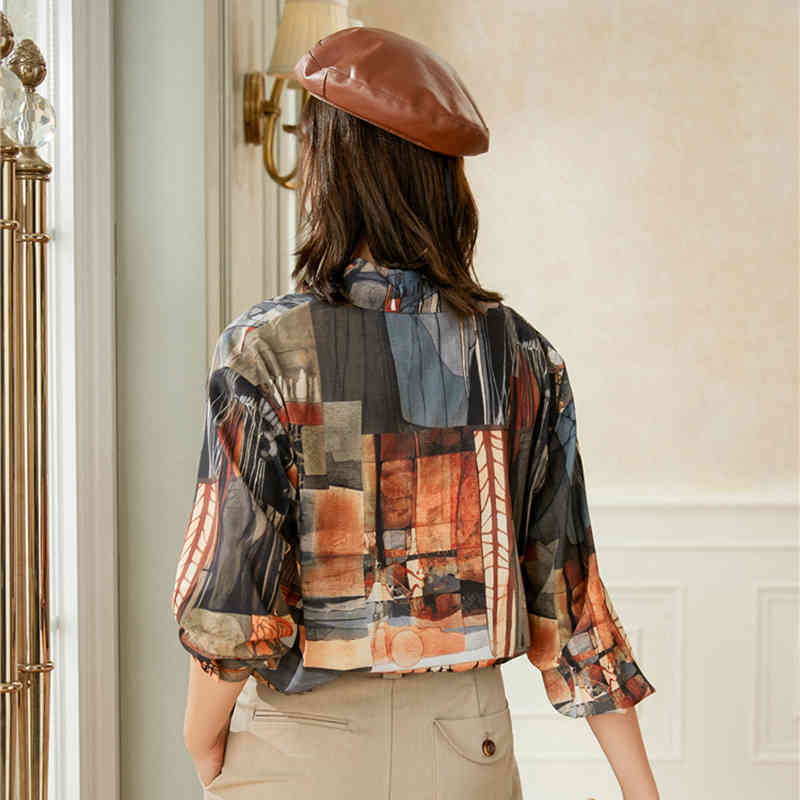 Printed Blouse Women's Spring Lapel Long Sleeve Stitching Large Size Single Breasted Shirt Tops Female 5A117 210427