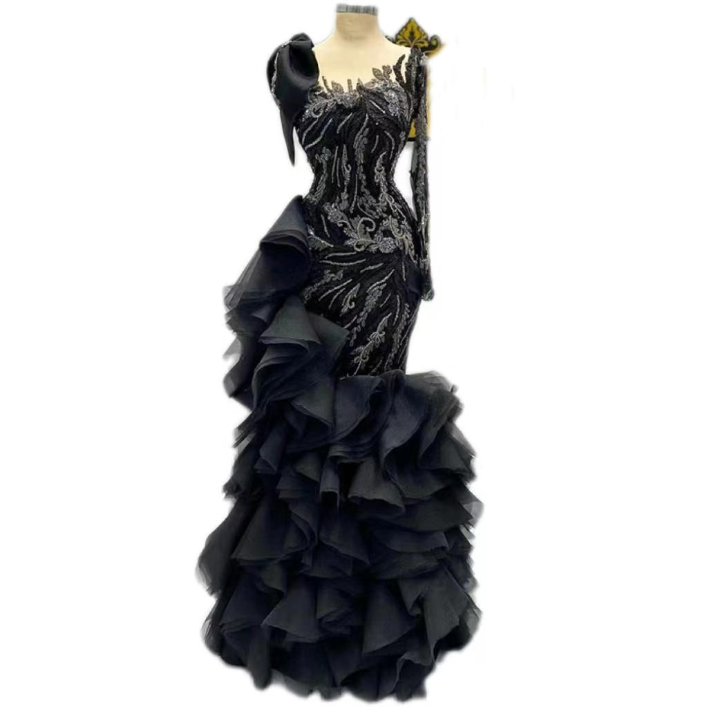 One Shoulder Black African Evening Dress for Formal Wear 2022 Mermaid Nigerian Prom Dresses robe de soirée mariage