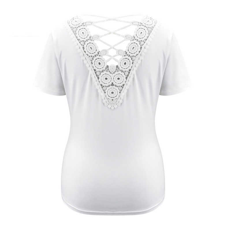 Sexy Women T-Shirts Back Hollow Out Lace Patchwork V-Neck Short Sleeve Slim T-shirts Summer Solid Color Pullovers Top Streetwear 210526