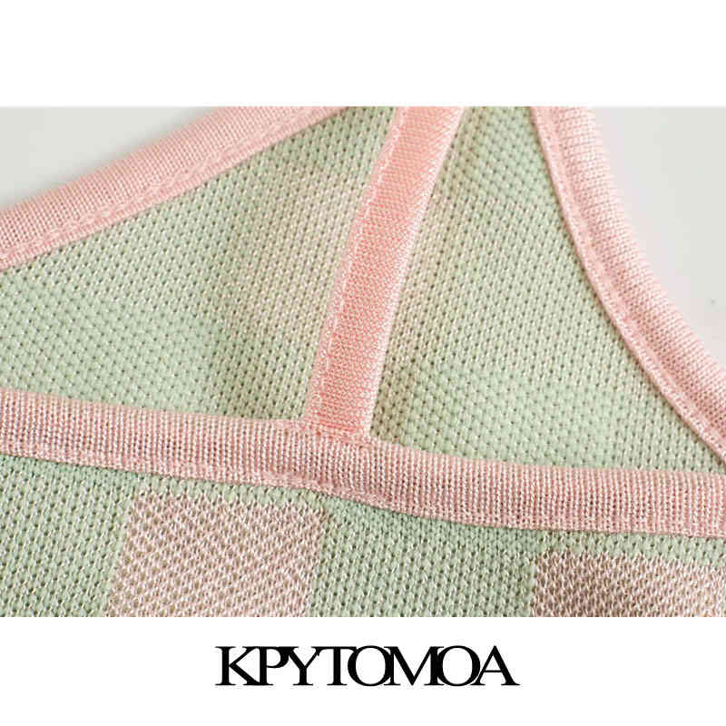 Women Fashion Check Cropped Knitted Tank Tops Vintage V Neck With Thin Straps Female Camis Mujer 210416