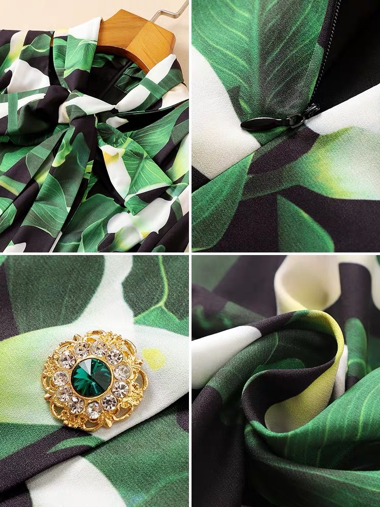 vintageslim bodycon green flower printed crystal buttons double breasted mini ruffles bow collar dress party women robe 210421