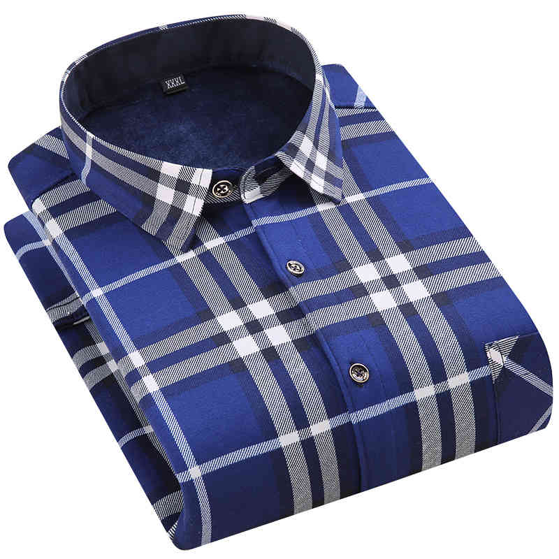 Casual Winter Plaid Warm Men's Shirt Plus Velvet Thick Long Sleeve Comfortable For Cold Weather 210410