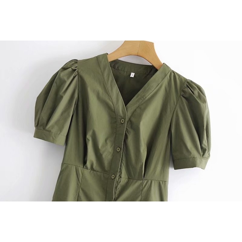 Elegant Women Green V-Neck Dresses Fashion Ladies Pocket Sashes Vestidos Streetwear Female Chic Puff Sleeve Mini Dress 210430