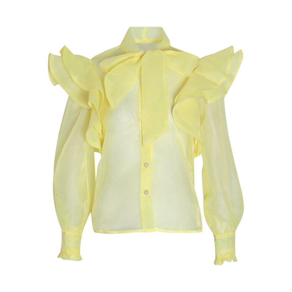 Lace Bow Tie Ruffle Puff Sleeve Long Single-breasted Perspective Top Ladies Yellow Shirt Tops Women Street Wear 210524