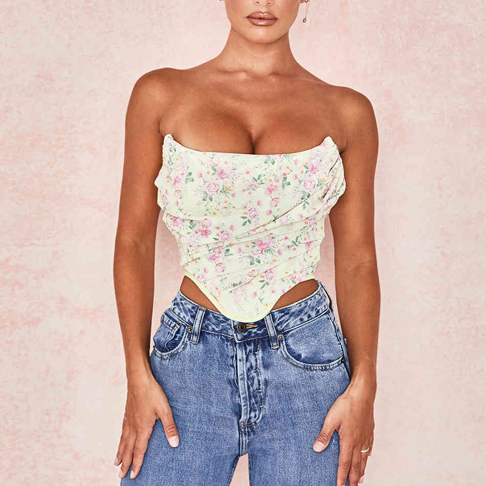 Summer Women Fashion Floral Strapless Tops Sexy Sleeveless Club Celebrity Runway Party Out Wear Casual Crop 210423
