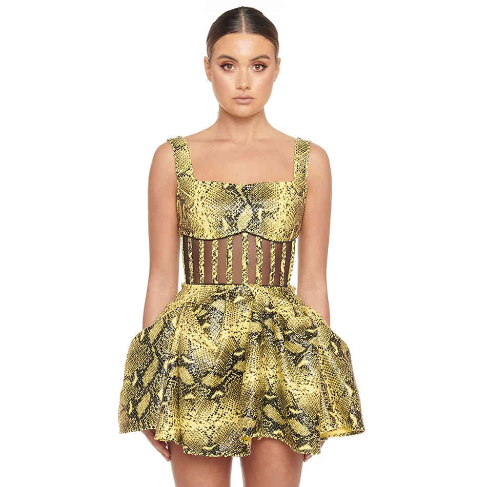 Summer Women Spaghetti Strap Lace Mini Dress Sexy Sleeveless Yellow Club Celebrity Runway Party Ball Gown Dresses 210423