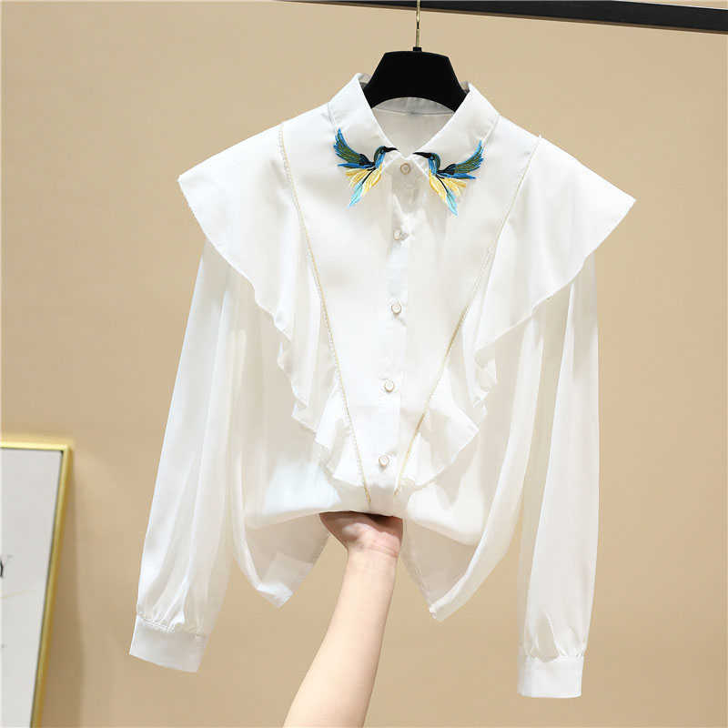 Embroidered Ruffle Full Loose Turn Down Collar White Shirt for Women 210615