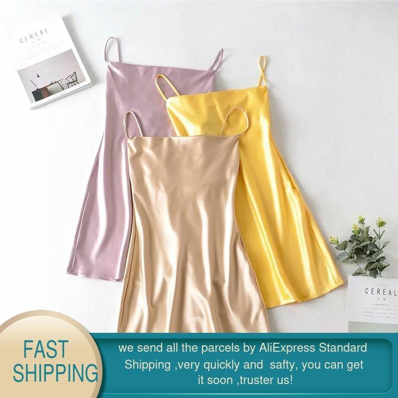 Spring Summer Women Satin Dress Sexy Camisole Elastic Female Home Beach Dresses Elegant Bodycon Party 210428