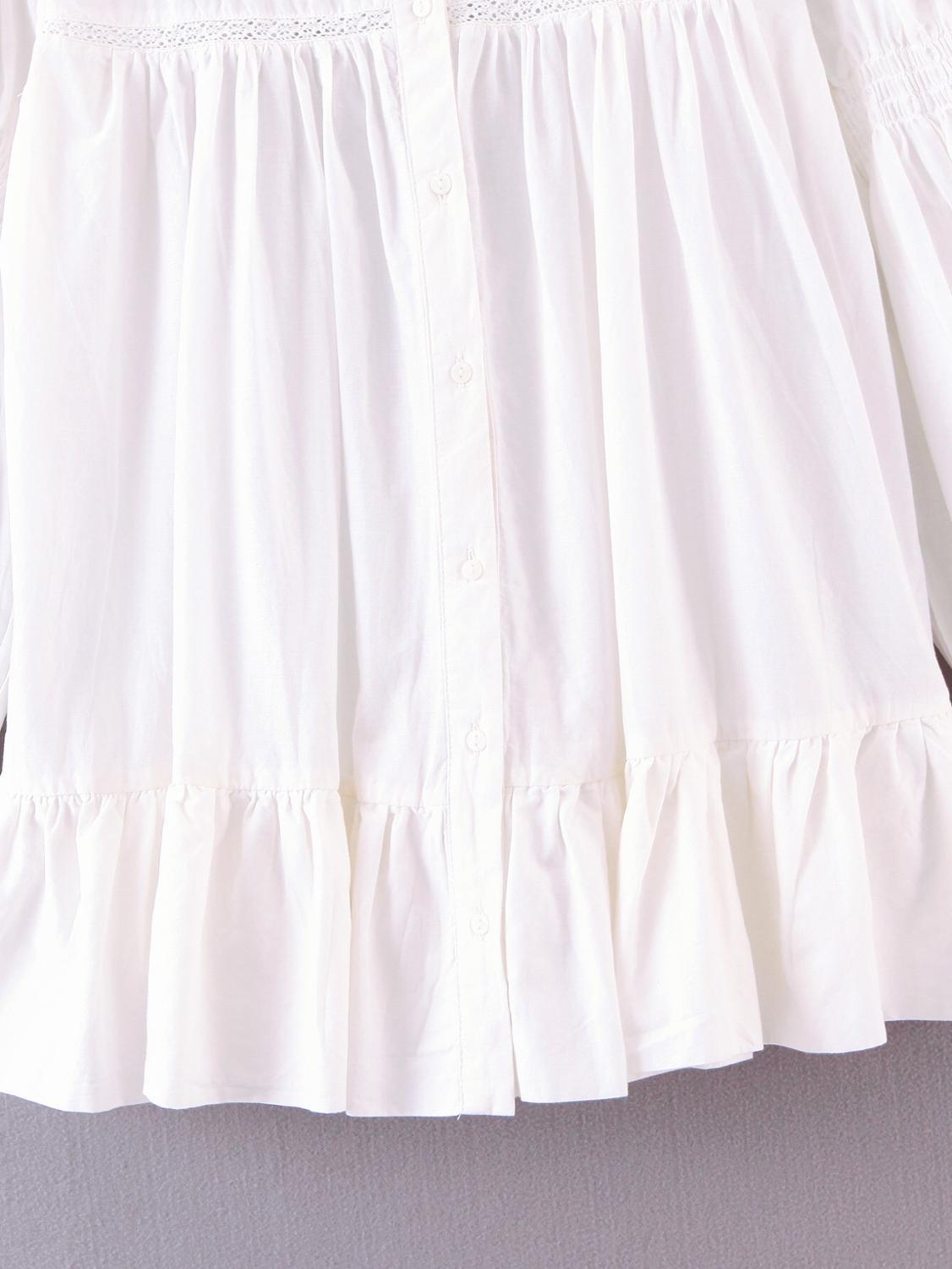 Women White Long Leg sleeve Hollow Out Hole Flower Embroidered Shirt Casual O neck Buttons Draped Ruched Loose Blouse Tops 210429