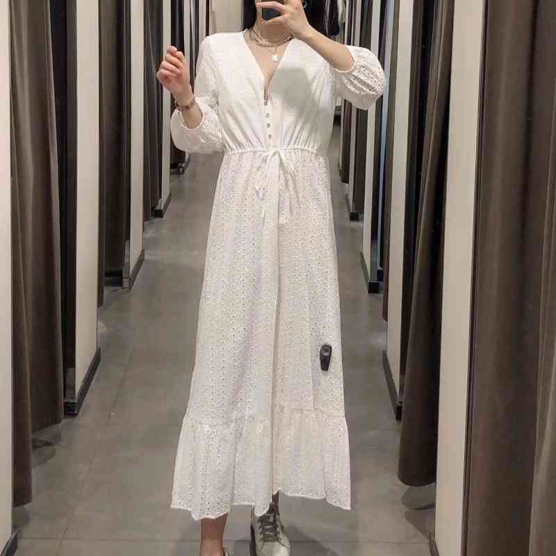 Spring Women Hollow Embroidery V Neck Midi Dress Female Three Quarter Sleeve Clothes Casual Lady Loose Vestido D7501 210430