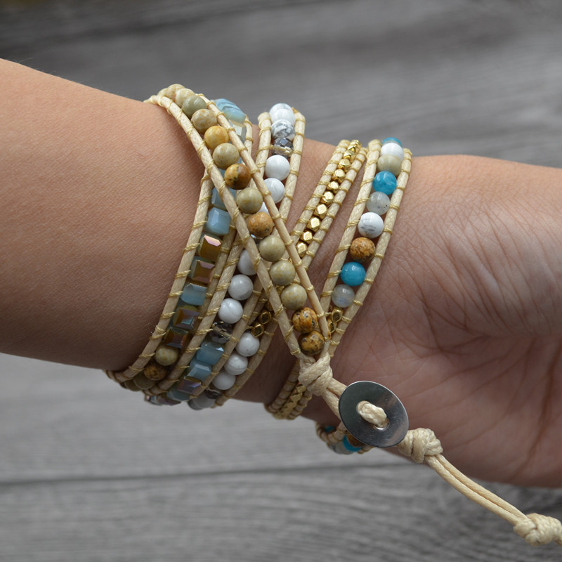 Women Leather Beaded Bracelet Ocean Stone Bead Strand Bohemian Wrap Turquoise Jasper Bangle Multilayer Jewelry