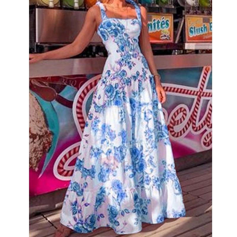 Women's Sexy Slim Dress Summer Casual Spaghetti Strap Square Collar Floral Print Backless Dresses