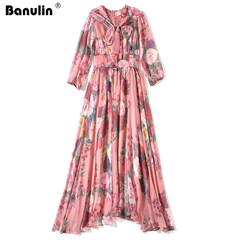 Banulin Fashion Designer Runway Long Dress Spring Summer Women's Bow Collar 3/4 Sleeve Rose Floral Print Elegant Chiffon 210603, White
Banulin Fashion Designer Runway Long Dress Spring Summer Women's Bow Collar 3/4 Sleeve Rose Floral Print Elegant Chiffon 210603, White