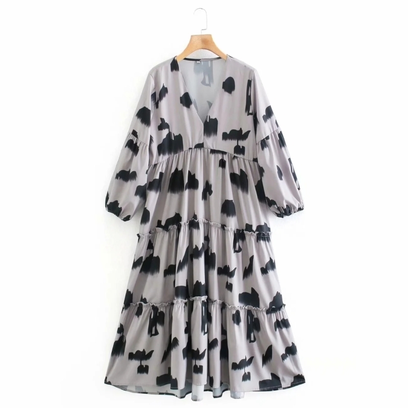 Women Ink Wash Printing Ruffle Tiered Dress Female Three Quarter Sleeve Loose Clothes Casual Lady Vestido D6707 210430Z