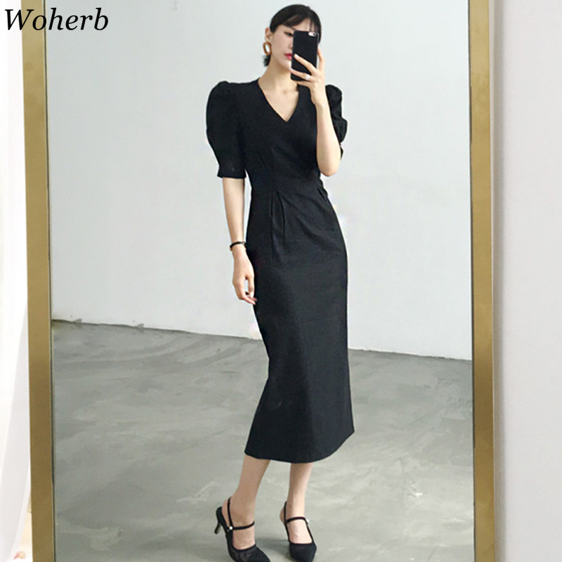 Korean Dress Women Chic Summer Elegant Robe V Neck Pleated Slim Vestidos Temperament Puff Sleeve Bodycon Maxi Dresses 210519