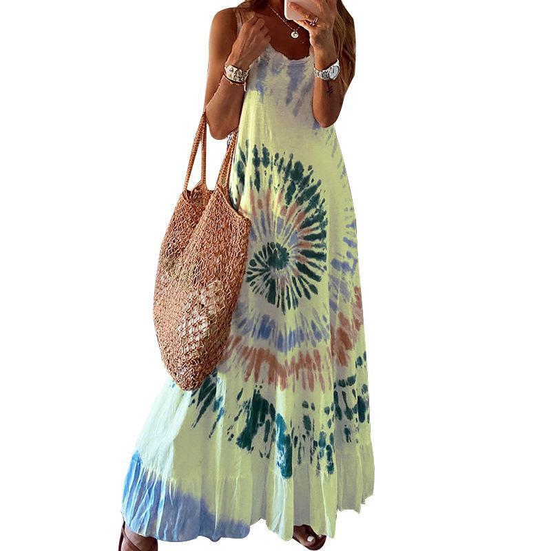 Women Dress V Neck Sleeveless Printed es Loose Leisure Big Swing Bohemia Sexy Long Print Maxi es 210513
