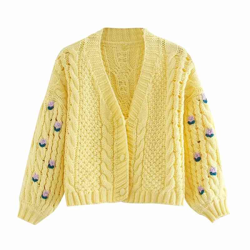 Foridol flower crochet yellow knitted cropped cardigan women casual oversized short sweater cardigan vintage lantern sleeve top 210415