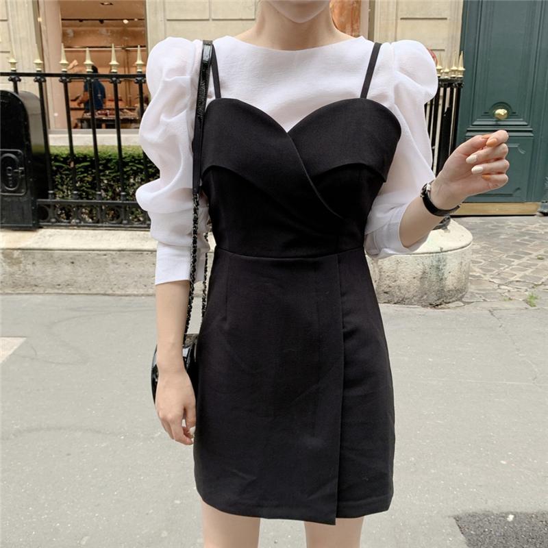Two Piece Dress [EWQ] 2021 Spummer Thin Section Bubble Sleeve Shirt + Slim Black Wrapped Chest High Waist Suspender Suit Women QV178