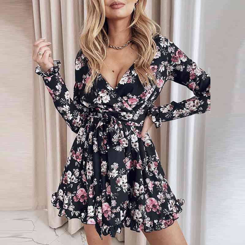 Autumn Office Lady Dress Elegant Lace-up Long Sleeve Dress Fashion Solid V-neck A-line Womens Casual Floral Print Dresses, Black;gray
Autumn Office Lady Dress Elegant Lace-up Long Sleeve Dress Fashion Solid V-neck A-line Womens Casual Floral Print Dresses, Black;gray