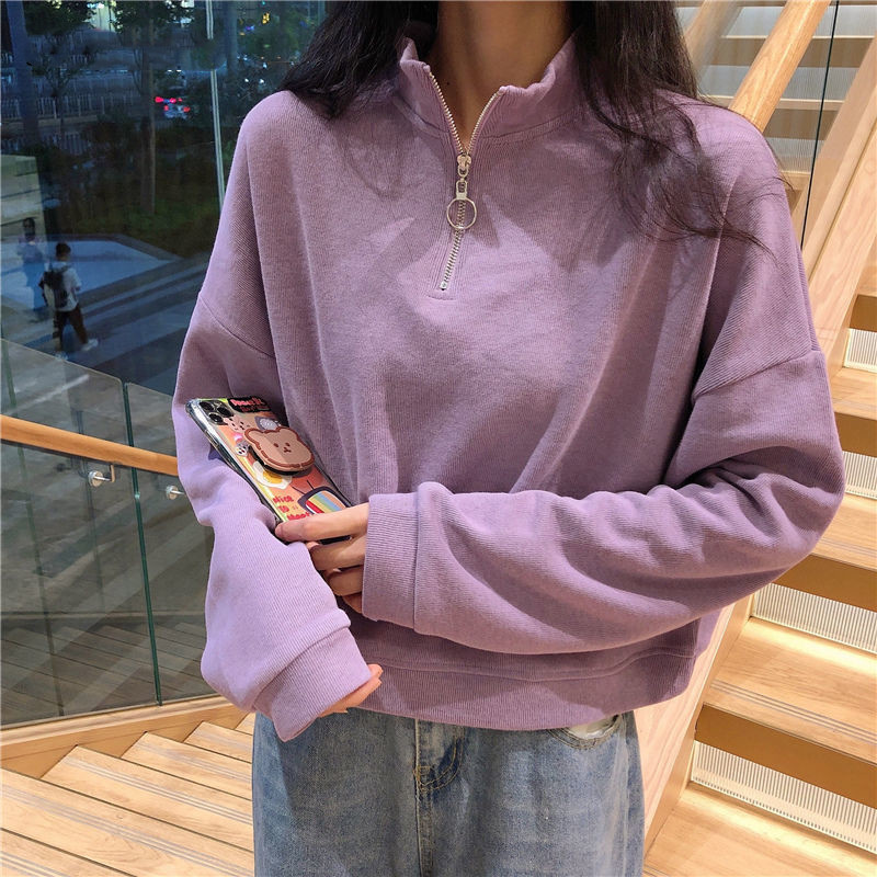 Wonder Stand Collar Long Sleeve Spring Autumn Pullovers Feminino All-match Fashion Casual Prevalent Hoodies 210510